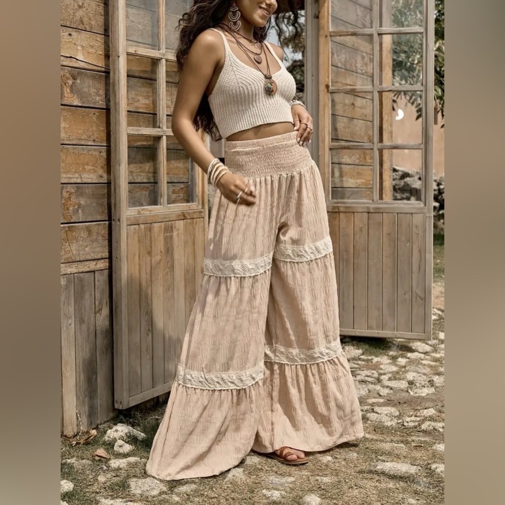 Boho Chic Crochet Lace Tiered Wide Leg Textured Palazzo Pants Coastal Cowgirl L - Picture 2 of 8